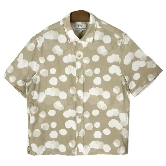 NWOT COS Shirt EU XL Relaxed-Fit Dot-Print Crinkle Pocket Button-Up Beige Cotton